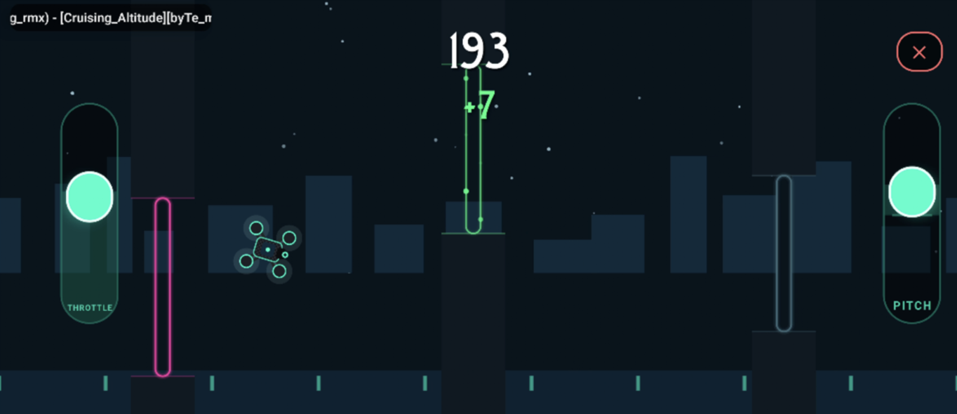 Flappy Drone gameplay: a small quad threading a neon city skyline, score 193, with throttle and pitch sticks on either side.